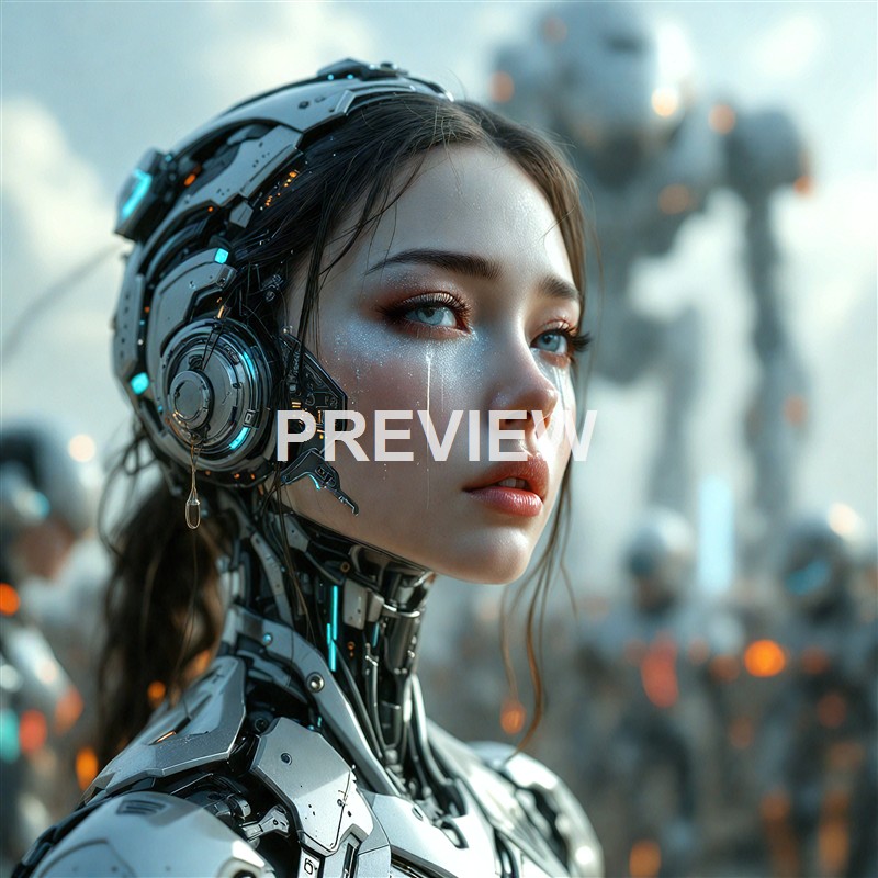 A highly detailed close-up of a woman with cybernetic enhancements on her head and body, with a futuristic background featuring large mechanical structures.